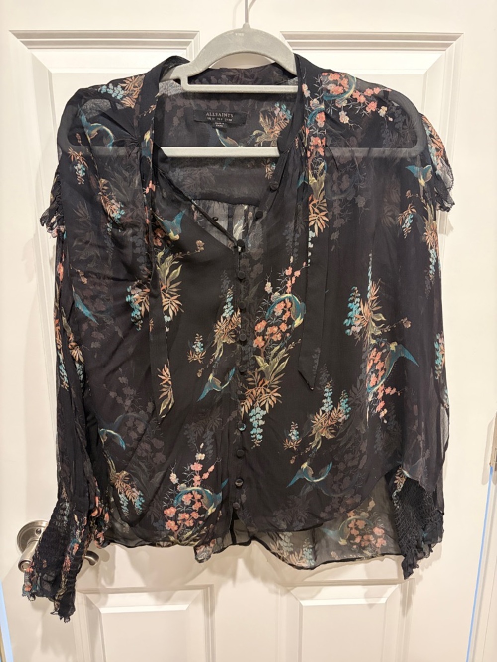 All Saints Black Sheer Floral Tie-Neck Blouse with Blue and Pink Accents